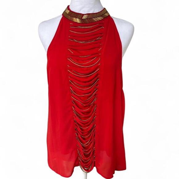 VINTAGE Y2K XOXO‎ RED CUT OUT BEADED HALTER TOP LONG TANK BLOUSE LARGE - Picture 2 of 5